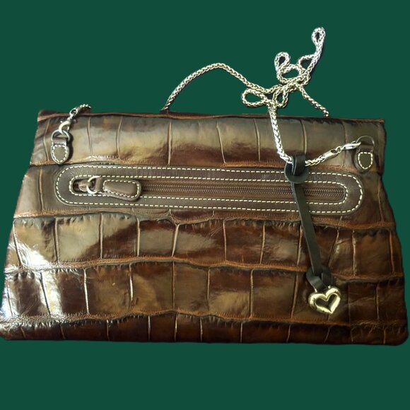 Vintage Brighton Croc-Embossed Leather Silver Metal Clutch Fold-Over & Crossbody - Picture 9 of 12